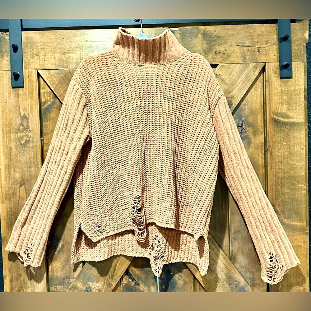 NWOT POL Brand Chenille Tan Distressed High Neck Sweater